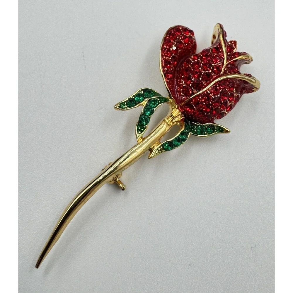 Gold Tone Single‎ Red Rose Sparkling Rhinestone Flower Brooch Valentines Day Pin